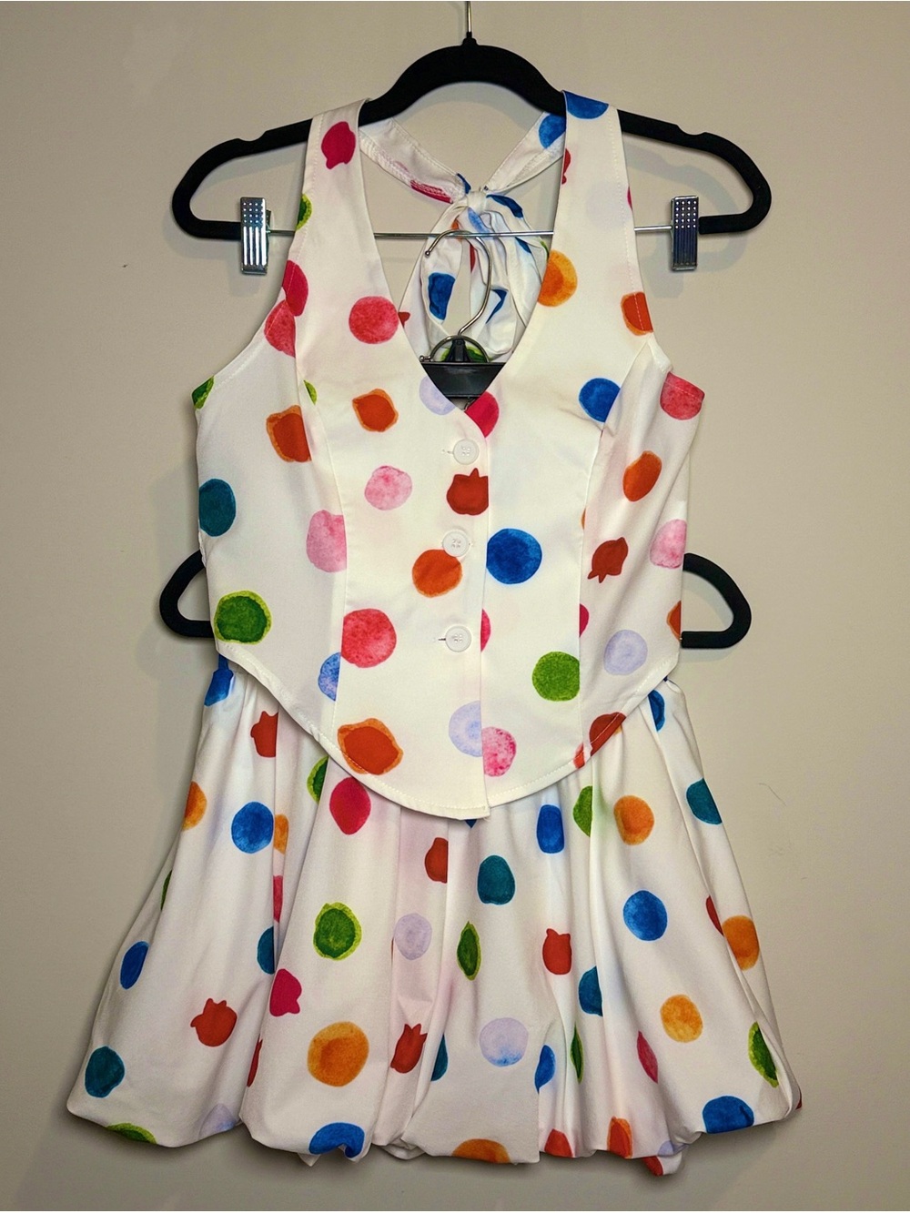 White Polka Dot Halter Top & Bubble Skirt 2-Piece Set